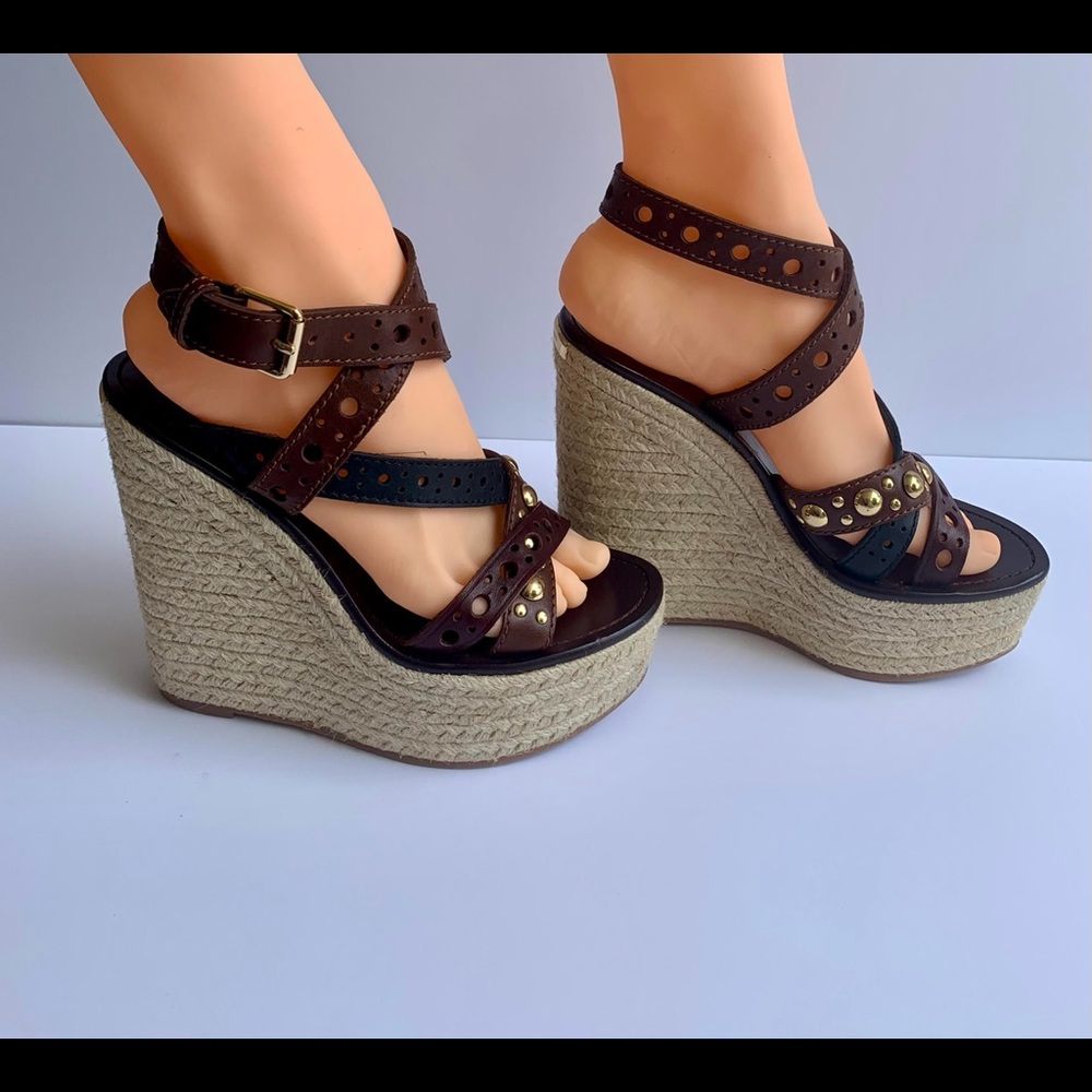 NWOT Burberry Espadrille Platform wedge heel ankle wrap sandals. Sz US 6.5